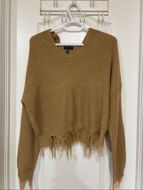 Women's Distressed V-Neck Sweater in Camel
